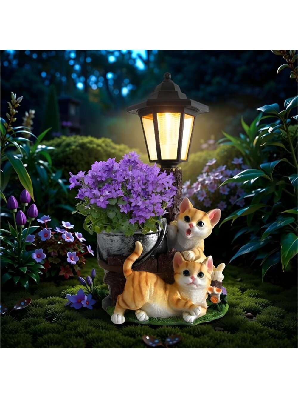 Solar Cat Outdoor Statues, Garden Sculpture with Flowerpot Decor & Solar Lantern